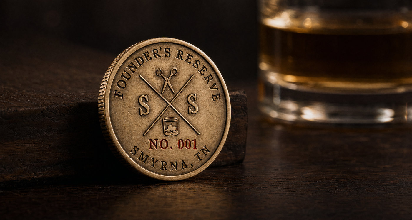 Brass Founder's Reserve claim token stamped No. 001 — Smyrna, TN — resting on the bar beside a pour of scotch